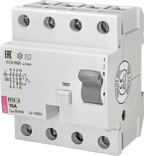 Дифференциальное реле ETI EFI6-4 16/0,03 тип AC 6kA 2062136 Дифференциальное реле ETI EFI6-4 16/0,03 тип AC 6kA 2062136