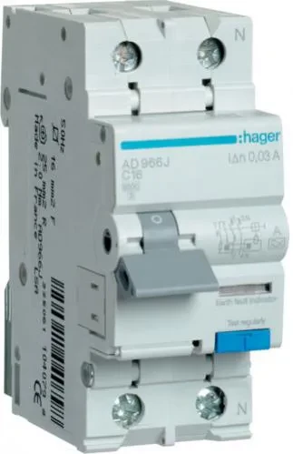Дифференциальный автомат HAGER 1+N 16A 30 mA С 6 КА A 2м AD966J Дифференциальный автомат HAGER 1+N 16A 30 mA С 6 КА A 2м AD966J