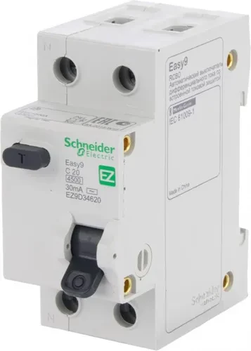 Дифференциальный автомат SCHNEIDER ELECTRIC 1р+N 20А 30мА С АС EZ9D34620 Дифференциальный автомат SCHNEIDER ELECTRIC 1р+N 20А 30мА С АС EZ9D34620