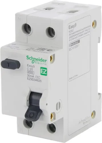 Дифференциальный автомат SCHNEIDER ELECTRIC 1р+N 25А 30мА С АС EZ9D34625 Дифференциальный автомат SCHNEIDER ELECTRIC 1р+N 25А 30мА С АС EZ9D34625
