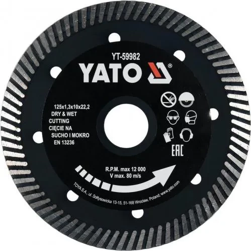 Диск алмазный YATO 125*1,3*10*22,2мм Turbo по гресу, керамике YT-59982 Диск алмазный YATO 125*1,3*10*22,2мм Turbo по гресу, керамике YT-59982