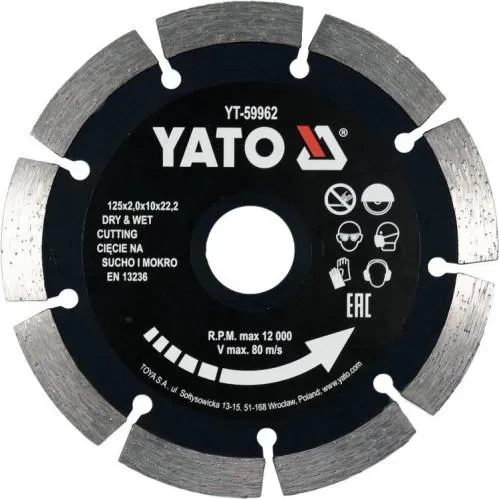 Диск алмазный YATO 125*2,0*10*22,2мм по камню и бетону YT-59962 Диск алмазный YATO 125*2,0*10*22,2мм по камню и бетону YT-59962