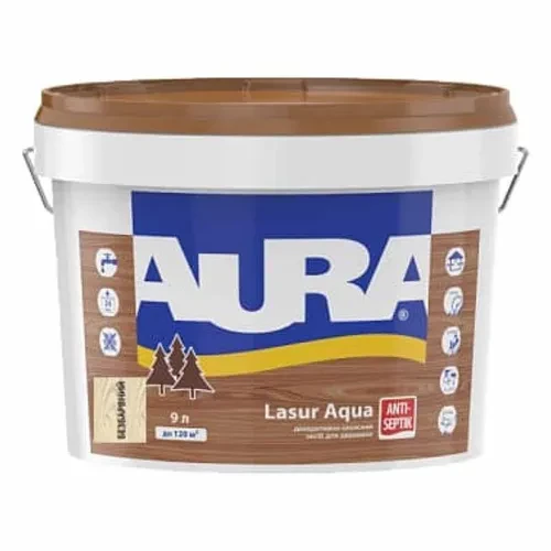 Деревозащитное средство AURA Lasur Aqua акриловое 9л бесцветное. Деревозащитное средство AURA Lasur Aqua акриловое 9л бесцветное.